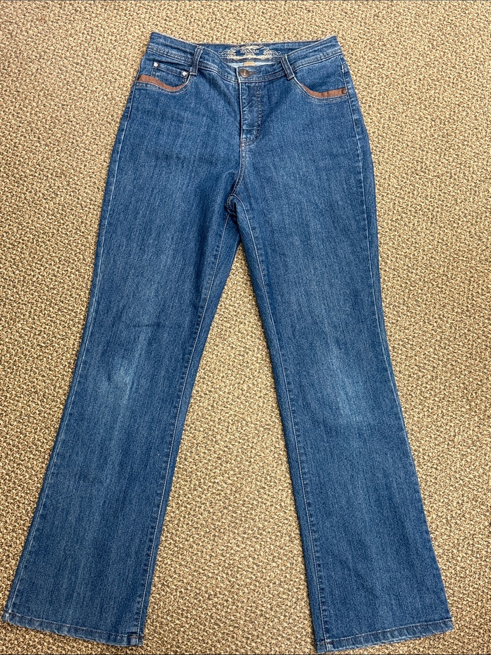 Hannah Denim Bootcut Stretch Jeans Size 8 Medium Wash Brown Trim Y2K